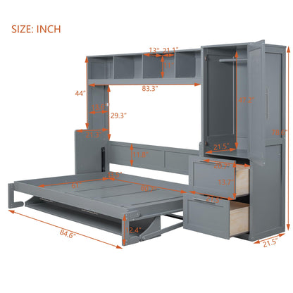 Ball & Cast Queen Size Murphy Bed Wall Chest with Closet and Storage Drawers,Wood Hideaway Platform Bedframe can be Folded,Easy Assembly,for Kids Bedroom,Student Dorms,Gray