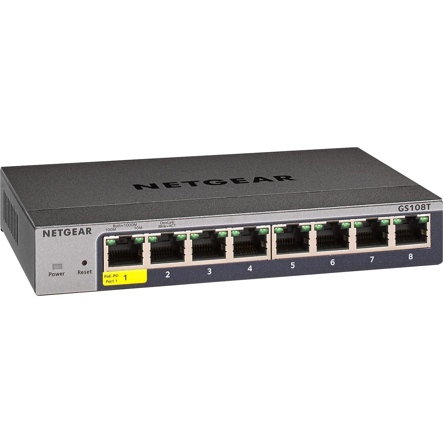 NETGEAR 8-Port Gigabit Ethernet Smart Switch (GS108T) - Managed, with 1 x PD Port, Optional Insight Cloud Management, Desktop or Wall Mount, Silent Operation, and Limited Lifetime Protection