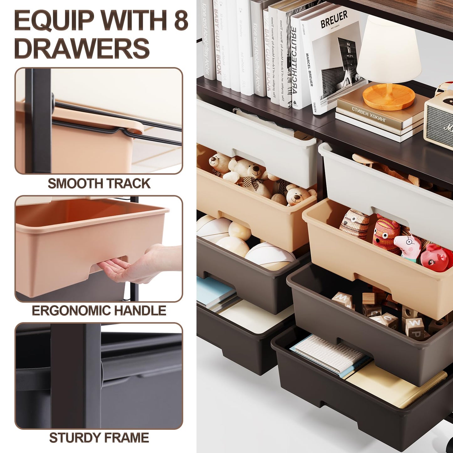 SYKIARIOL 8 Drawers Rolling Storage Cart with Wooden Top, Multipurpose Utility Cart with Opening Shelf & Lockable Wheels, Storage Drawer Cart Organizer for Home Office Craft Room Classroom, Brown