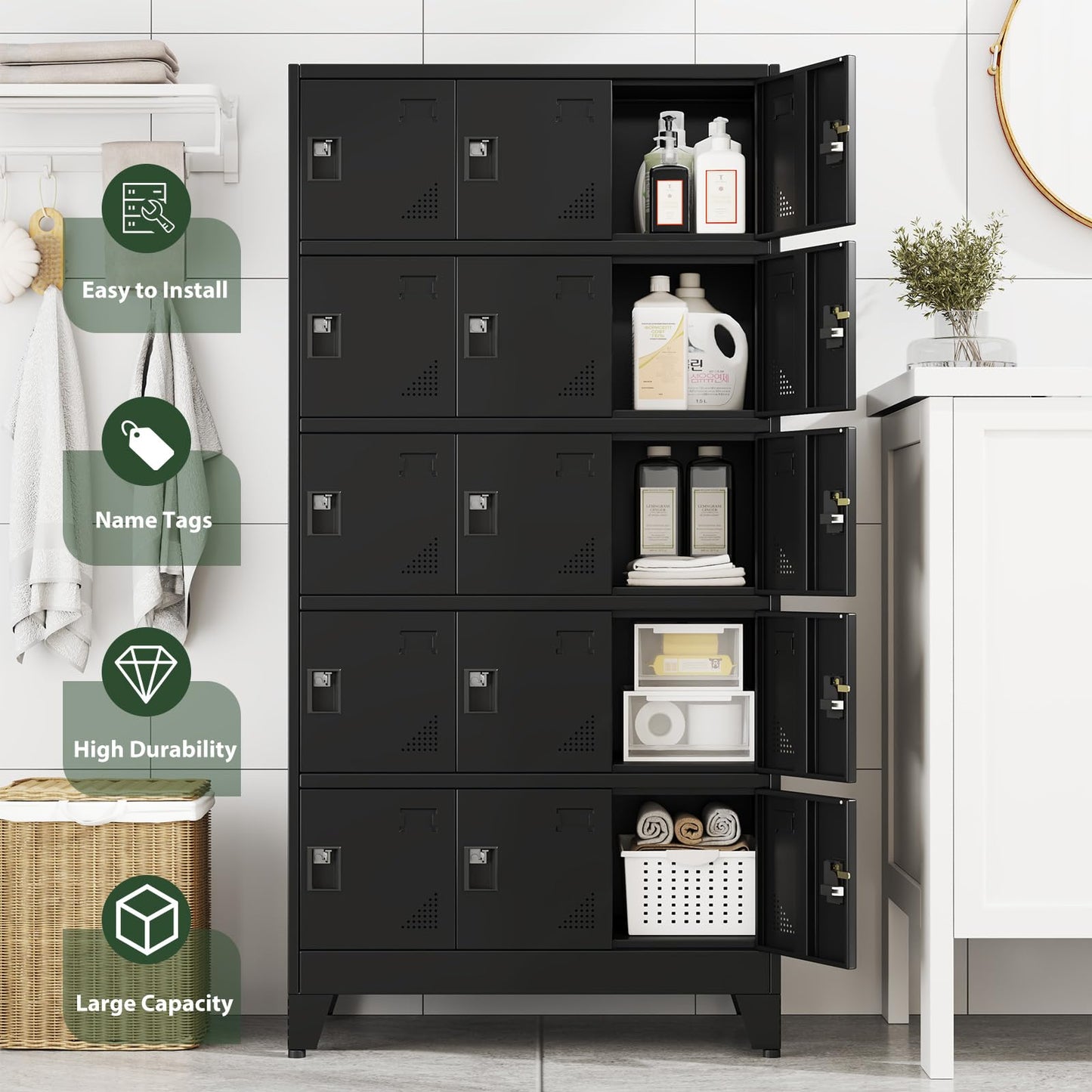 Lusiwry Metal Lockers for Employees-15 Doors Storage Locker with Shelves and Lockable Steel Cabinet for School,Gym,Office,Staff,Assembly Required,Black