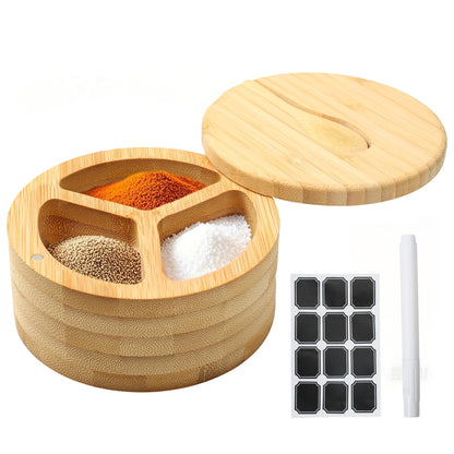 Dvehdbay Salt Cellar - Salt Container Holder with Swivel Magnetic, 3 Compartment Salt Cellar with Lid and Spoon Holder, Wood Bowl Box, Salt and Pepper Bowls with Swivel Lid to Storage, 6OZ