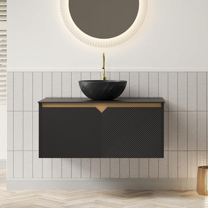 36" Floating Bathroom Vanity with Vessel Sink, RUBEN Wall Mounted Plywood Cabinet, Sintered Stone Countertop, Twill Double Doors with Metal Trim, Modern Storage Unit, Bowl Black Stone Ceramic Basin