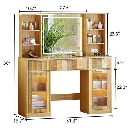 GRUTEUNIT 51" Large Vanity,Modern Fluted Makeup Vanity Desk with Mirror and Lights, Glass Top Vanity with 3 Drawers and 2 Cabinets&Charging Station,Dressing Table for Women and Girls’ bedrooms. Oak