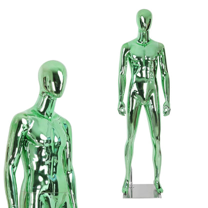 Full Body Male Mannequin with Chrome Metallic Finish, Fiberglass Abstract Dress Form with Posable Head, Futuristic Retail Display Dummy with Metal Base for Men's Fashion Window(Chrome Green)