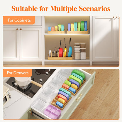 Lifewit Bamboo Lid Organizers for Inside Cabinet, Food Storage Container Lid Holder with 4 adjustable Inserts & 5 Sections, Kitchen Pantry organizer and storage, 10.6" X 8.3"