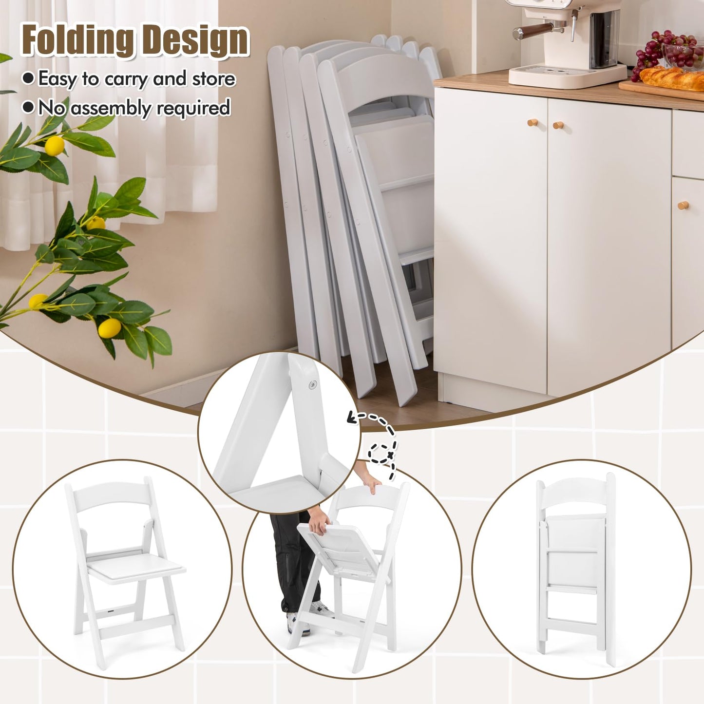 GOFLAME 12 Pack Folding Chairs, Foldable Dining Chair Set with Padded Seat, All-Weather Resin Frame, Indoor Outdoor Portable Commercial Seat for Home, Party, Wedding, 1100 Lbs Load Capacity, White