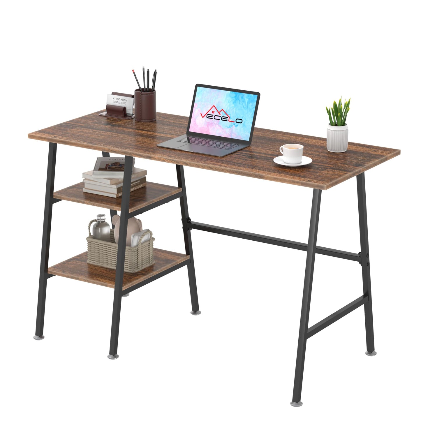 VECELO 43.1 Inch Computer Desk Home Office Walnut Study Desk Work Office Table with Shelves Wooden Desk for Bedroom