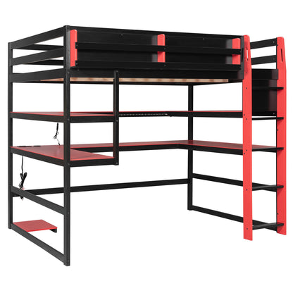 DNYN Gaming Loft Bed with Built-in Desk and Storage Shelves for Teens/Adults Bedroom, Space-Saving Full Size Wooden Bed Frame with LED & Side Race, No Box Spring Needed