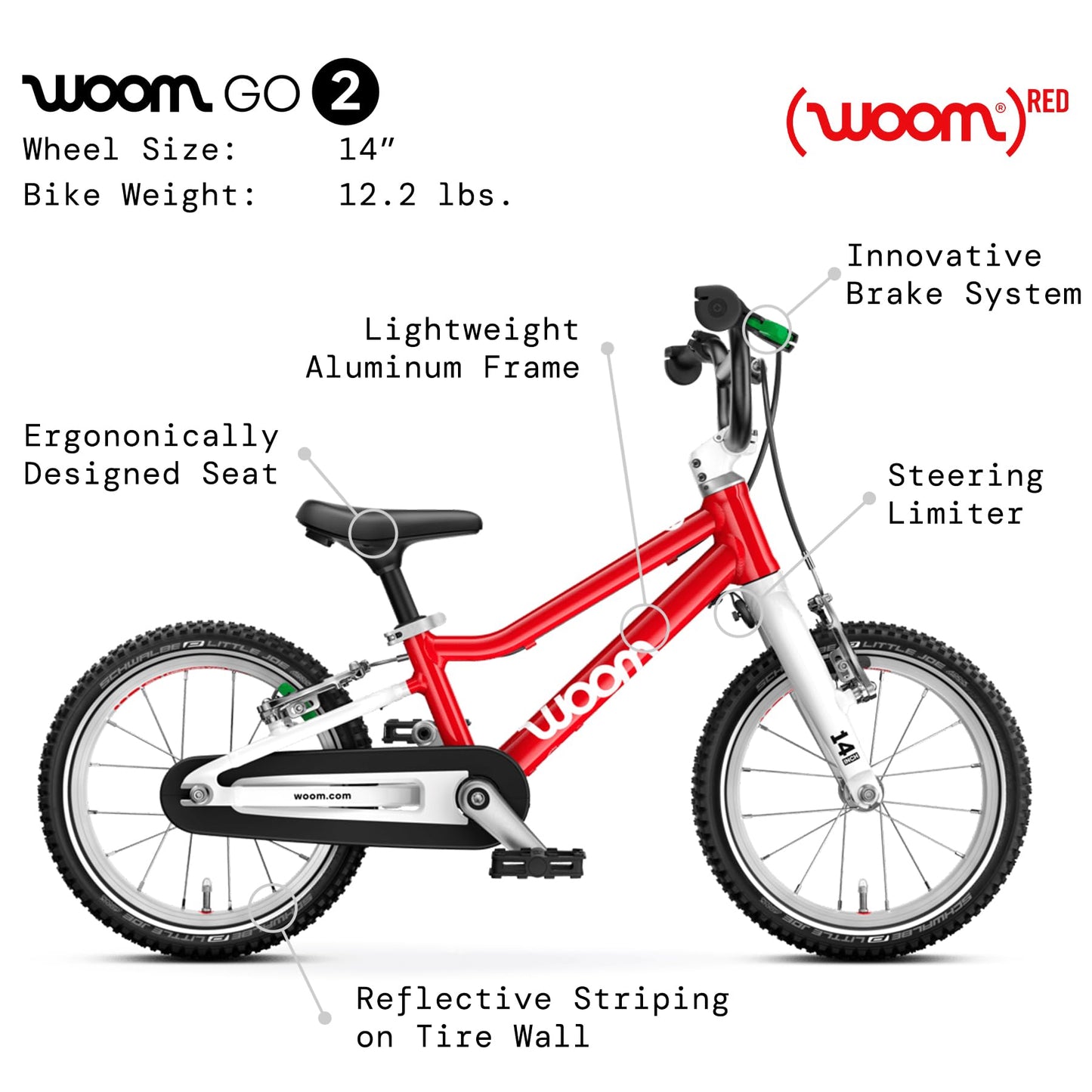 woom GO 2 Bicycle for Children 3 to 4.5 Years Old, 14-Inch Lightweight Bike with Handbrake, Steering Limiter & Chainguard for Boys & Girls - Red