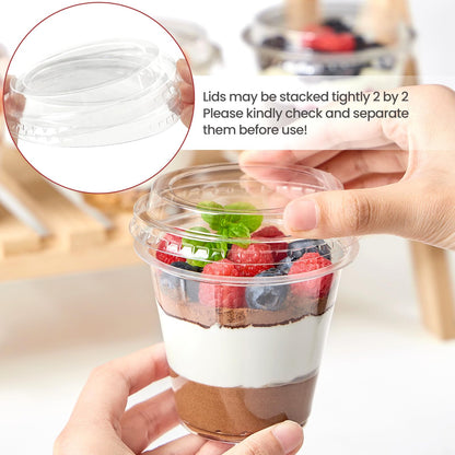 Jycnolm 50 Pack 9 oz Plastic Dessert Cups with Lids, Small Plastic Yogurt Parfait Cups, Mini Round Party Serving Cup for Pudding, Fruit, Cake, Appetizer, Dessert Shot Glasses