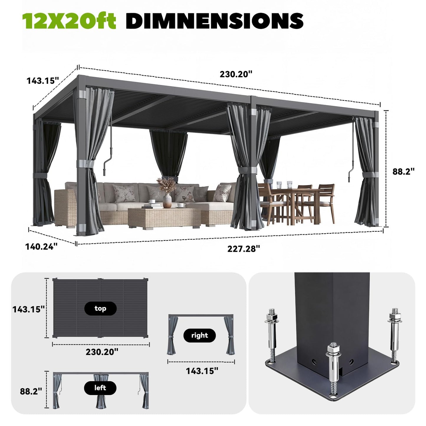 MELLCOM Louvered Pergola 12x20, Steel Aluminum Pergola with Adjustable Louvered Roofs, Outdoor Gazebo with Waterproof Curtains and Nets, Black