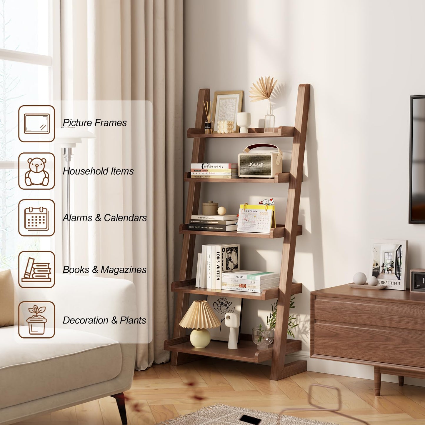 AQIMUELE Walnut Wooden Ladder Shelf with Edges, 5-Tier Modern Leaning Bookshelf Ladder – Stylish Space-Saving Bookcase for Living Room, Bedroom & Home Office