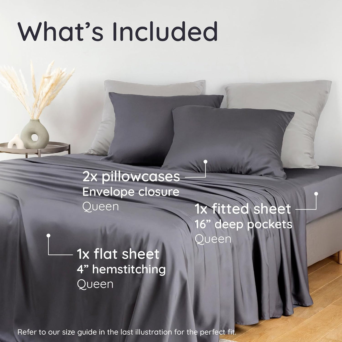 Bambaw Bamboo Sheets Set - 100% Viscose Cooling Queen Size | Super Soft, Deep Pocket, Charcoal