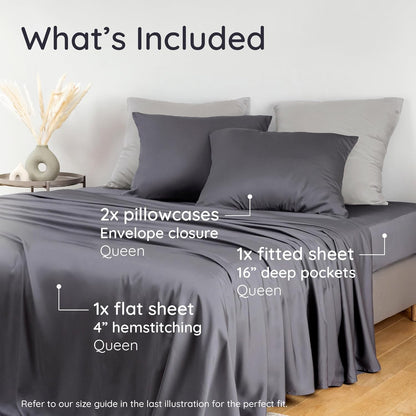 Bambaw Bamboo Sheets Set - 100% Viscose Cooling Queen Size | Super Soft, Deep Pocket, Charcoal