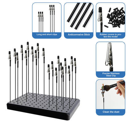 1PC Painting Stand Base and 1PC Cleaning Brush 10PCS 7.3inch Alligator Clip Stick and 10PCS 5.9inch Alligator Clip Stick Set Modeling Tools for Airbrush Hobby Model Parts