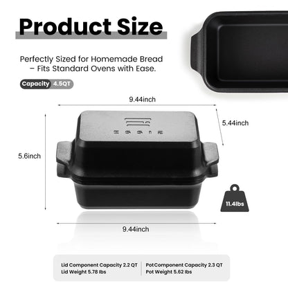 RYEDE Cast Iron Duct Oven for Sourdough Bread baking, 9×5 Loaf Pan with Lid, Bread Pans for Homemade Bread, 2 in 1 Dutch Oven Pot with Lid, Pre-Seasoned (4.5 QT)
