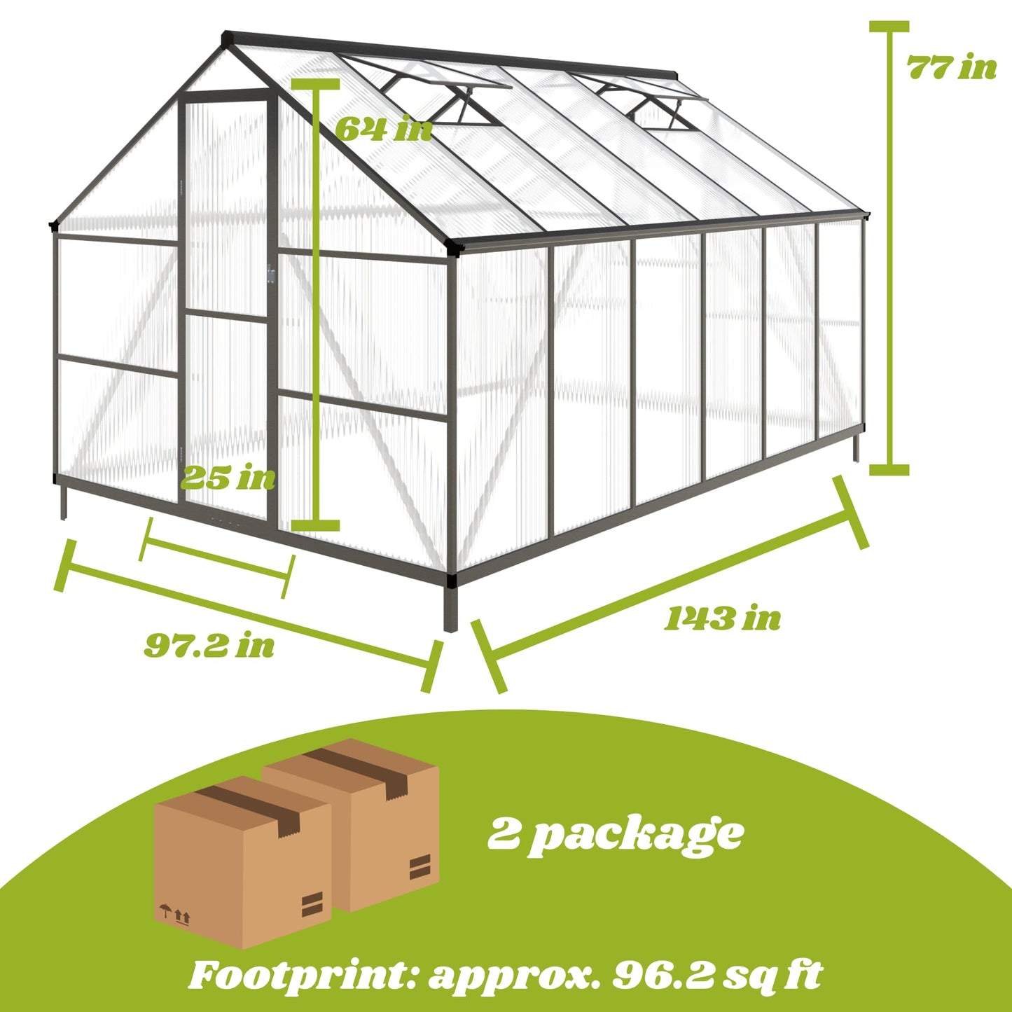 8x12 FT Greenhouse for Outdoors, Polycarbonate Greenhouse with Quick Setup Structure and Roof Vent, Aluminum Large Walk-in Green House for Outside Garden Backyard, Dark Gray