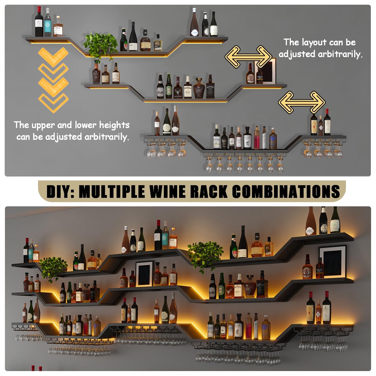 47.2in Modern LED Wine Rack Wall Mounted, 3-Tier Floating Bar Shelves with Wine Glass Rack, Large Hanging Liquor Shelf Wall Mounted, for Home Bar Dining Room Cafe Decorative (Black, 47.2in/120cm)