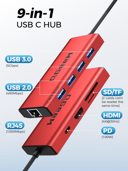 QGeeM USB C Hub Ethernet,9 in 1 USB Type C Hub HDMI Multi-Port Converter Adapter,100W Pd, USB 3.0,SD/TF Card Reader,Compatible for MacBook Pro Air Ipad HP Dell Lenovo Chromebook etc.