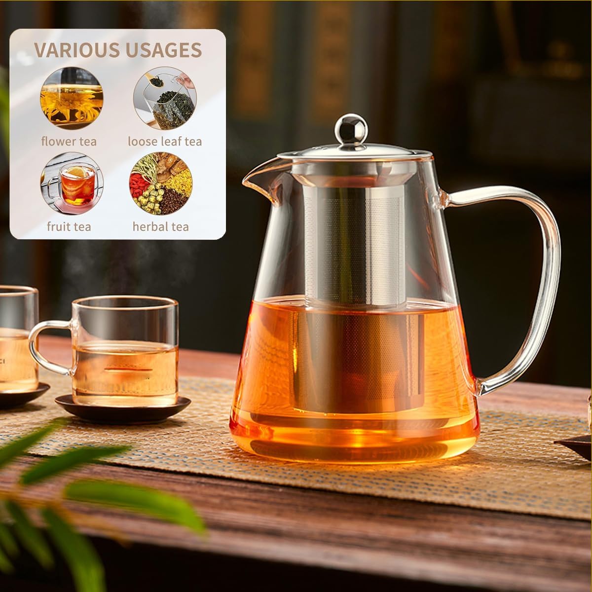 MJZQCD Glass Teapot (32oz/950ml) with Removable Stainless Steel Infuser, Transparent Stovetop Tea Kettle for Blooming