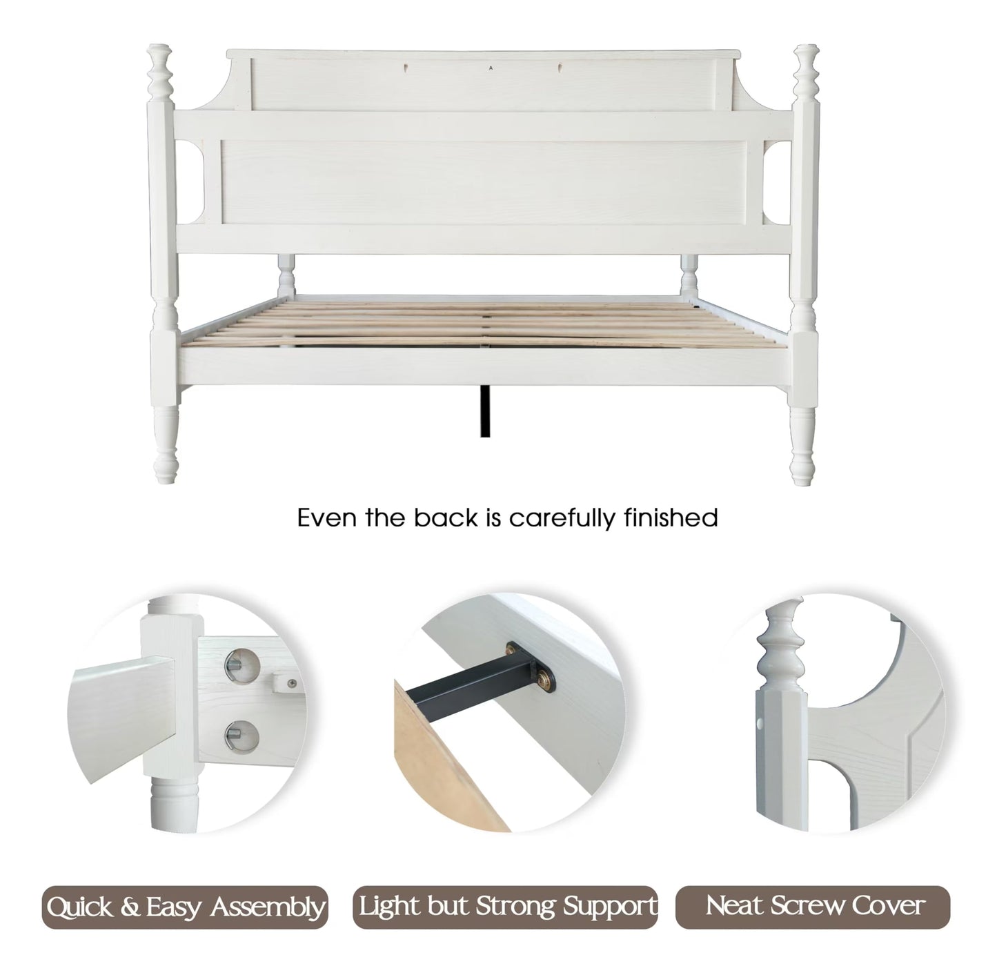Solid Wood Queen Size Platform Frame, Headboard & Footboard, No Box Spring Needed, 12 Wooden Slats, Center Metal Legs, Slip-Free, Simple Assembly, Under Bed Storage, Pure White Finish, ROQ-39