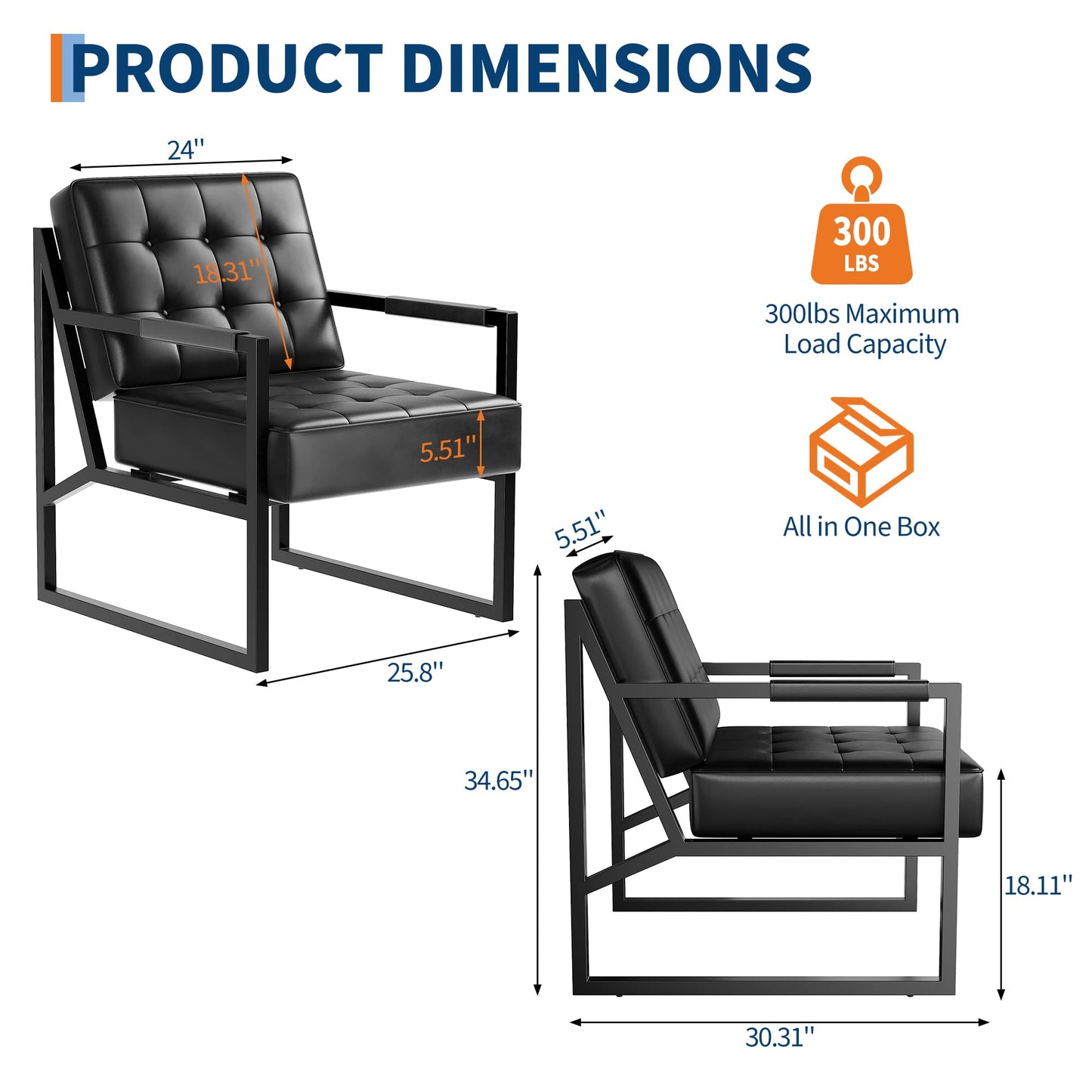 GarveeLife Mid Century Modern Accent Chair, PU Leather Upholstered Armchair with Thick Cushion & Sturdy Metal Frame, Retro Lounge Chair for Living Room Bedroom Office Lobby Waiting Room, Black 2 Pack
