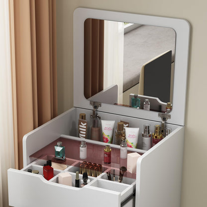 KEIKI Vanity Desk with Plip Top Mirror, 3 in 1 Make Up Vanity Set with 3 Drawers, Dressing Table with Stool for Bedroom, White