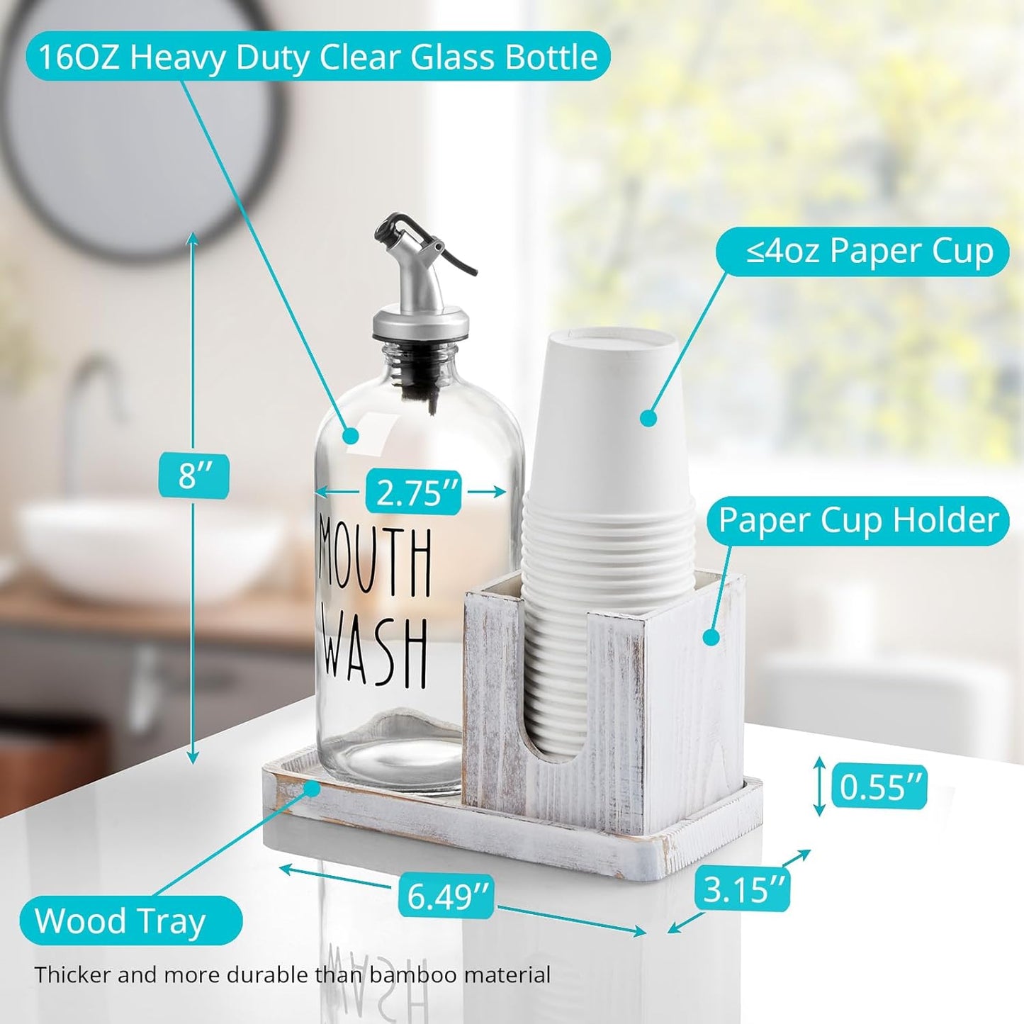 16 OZ Glass Mouthwash Dispenser for Bathroom, Mouthwash Dispenser with Pour Spout and White Washed Wood Cup Holder