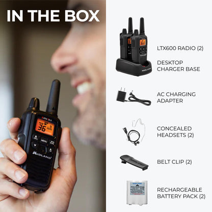 Midland LXT600BBX4 FRS Business Walkie Talkies - Long Range 36-Channel Two-Way Radios with Headsets and Charging Base, NOAA Weather Alerts (8-Pack, Black)