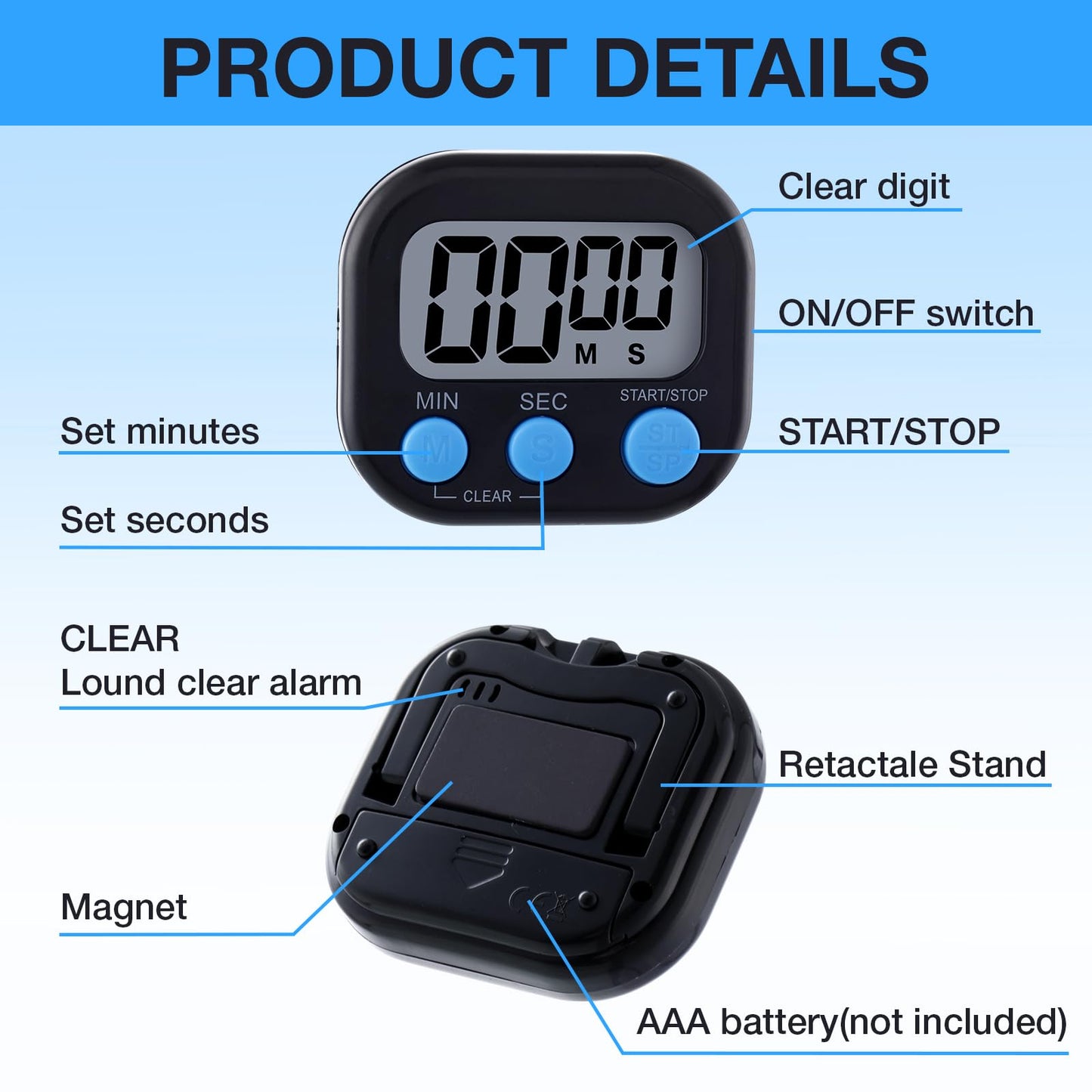 Leumoi 24 Pcs Digital Kitchen Timers Magnetic Back Timers Bulk Large Screen Loud Alarm On/Off Switch Minute Second Count up Countdown Memory Setting for Cooking Classroom Exercise(Black and Blue)