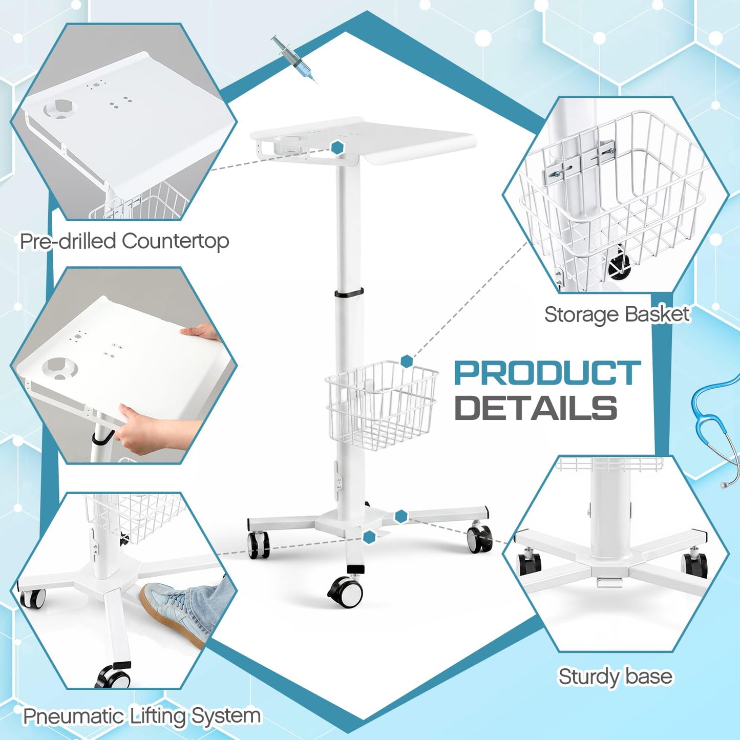 15.8" x 15.2" Medical Laptop Workstation Trolley Cart with Wheels Height Adjustable Medical Cart with Storage Basket Load for Dental Clinic, Home Office, Salon Hospital, Lab Use (Heavy Duty)