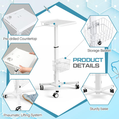 15.8" x 15.2" Medical Laptop Workstation Trolley Cart with Wheels Height Adjustable Medical Cart with Storage Basket Load for Dental Clinic, Home Office, Salon Hospital, Lab Use (Heavy Duty)