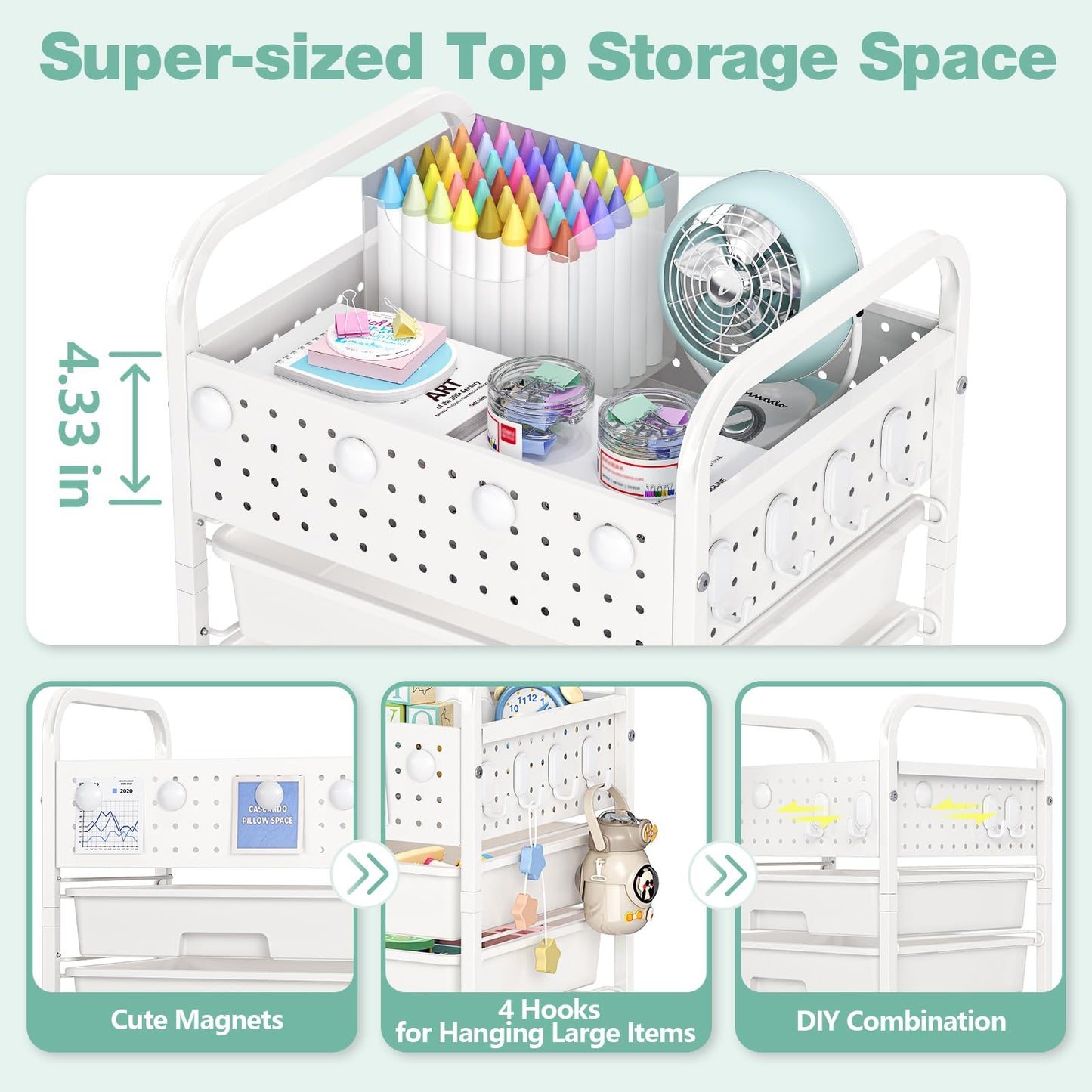 SYKIARIOL 4 Drawer Rolling Storage Cart with Pegboard Top and Hooks, Mobile Organizer Cart with Wheels for Office Supplies, Craft Storage, Classroom Organization, Home Utility Cart, White