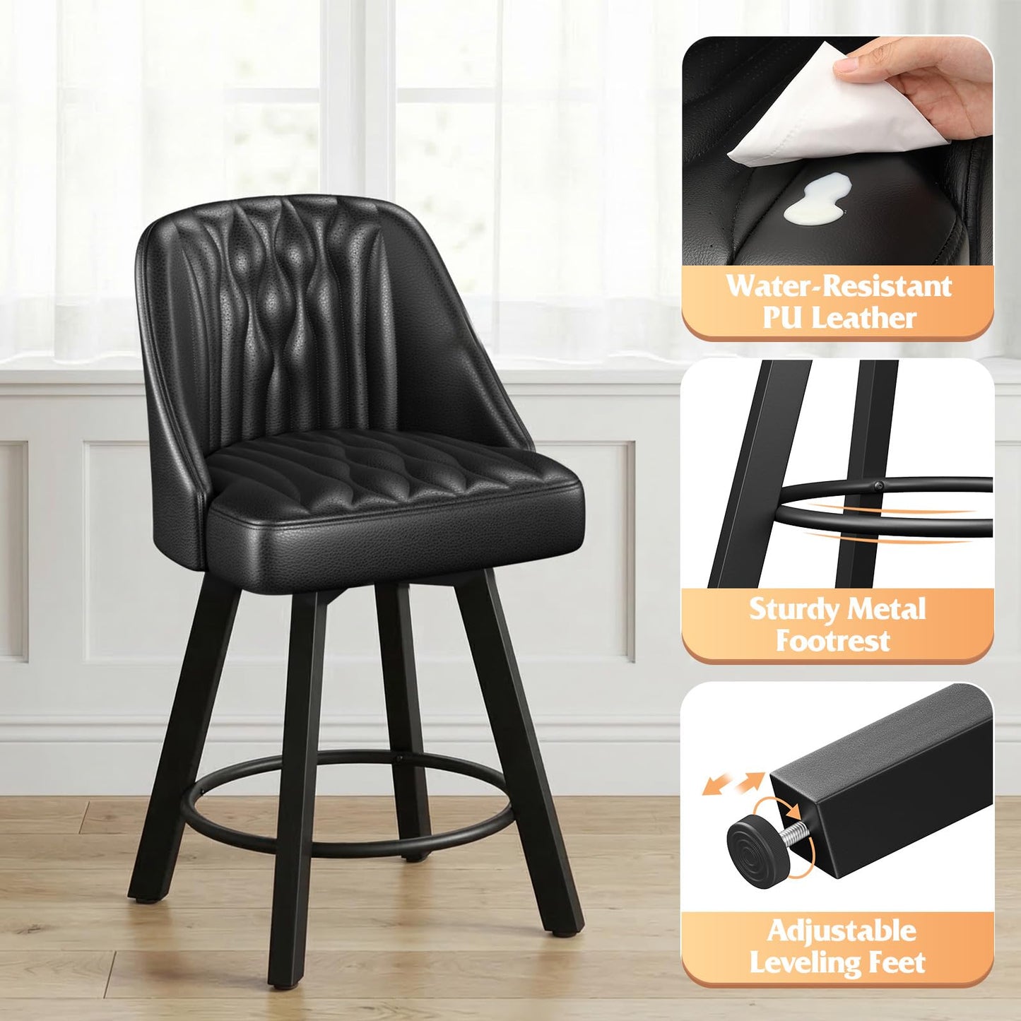 Memobarco Swivel Bar Stools with Backs, 26 Inches Counter Height Bar Stools Set of 3, PU Leather Upholstered Counter Barstools with Metal Legs and Footrest for Kitchen Island, Home Bar, Black