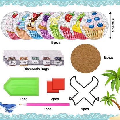 PERFECTSIGHT 8 Pcs DIY Diamond Art Painting Coasters with Holder, Cute Diamond Paint Coaster Kits for Adults, Kawaii Full Drill Diamond Art Craft Paint by Number Non Slip Coaster - Silver Cupcake