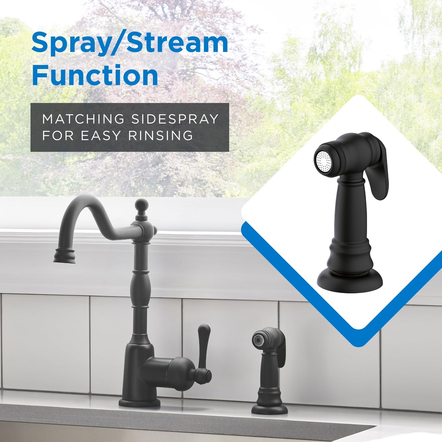 Gerber Opulence Black Kitchen Faucet with Side Spray - Farmhouse Style, Single Handle, Heavy-Duty Brass Construction, 2-Hole Installation in Satin Black, D401157BS