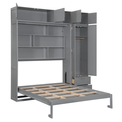 Merax Queen Size Murphy Bed with Shelves, Top Cabinet and Wardrobe, Fold into The Wall, Multifunctional Foldable Platform Bed Frame for Bedroom, Guest Room, Home Office, Space-Saving Design, Gray
