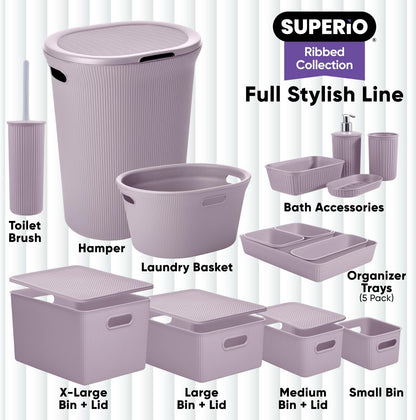 Superio Ribbed Collection - Decorative Plastic Open Home Storage Bins Organizer Baskets, Lilac Purple (Set of 3) 1