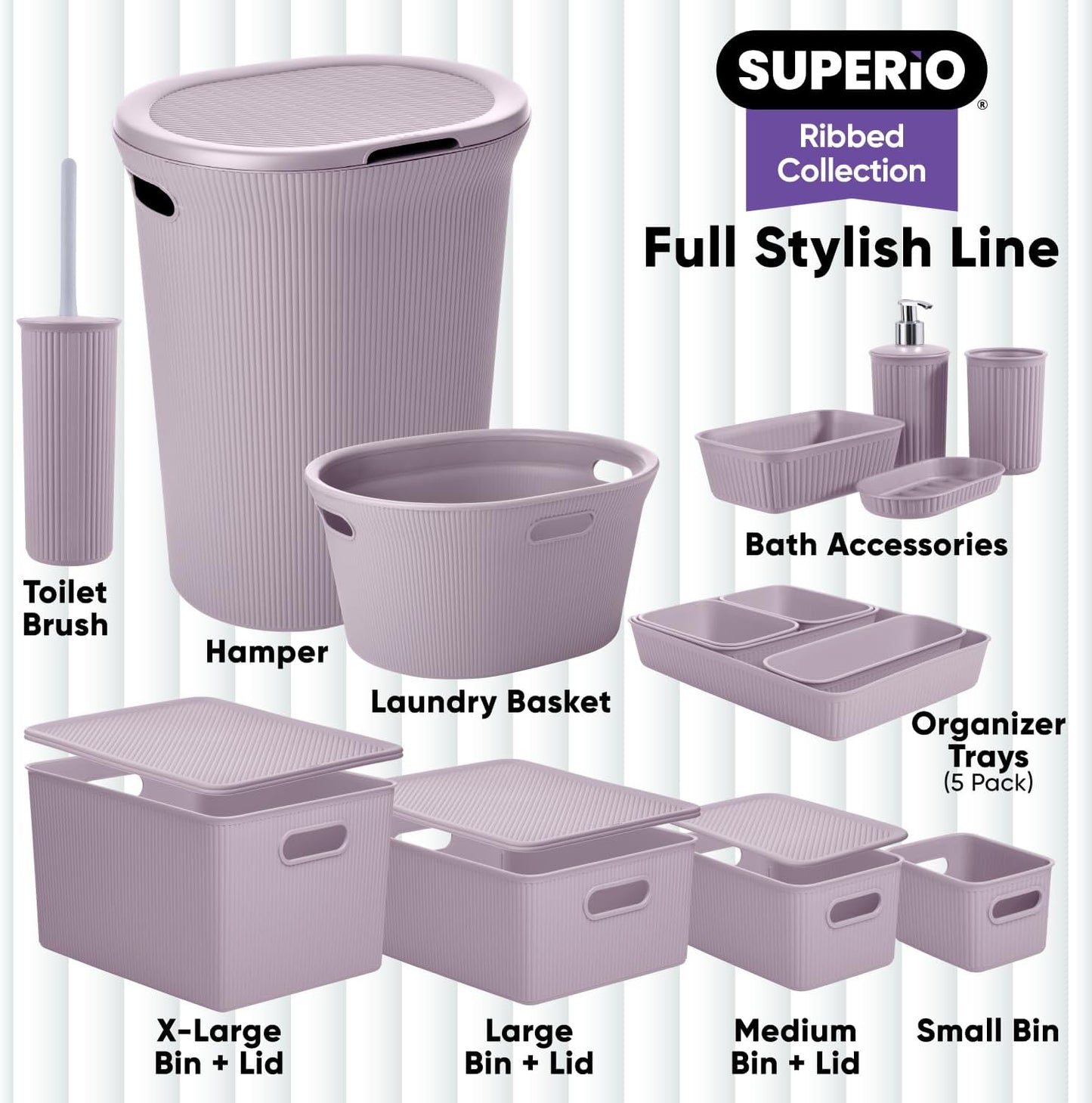 Superio Ribbed Collection - Decorative Plastic Open Storage Bins, Small Lilac Purple (2 Pack) for Organizing Closet