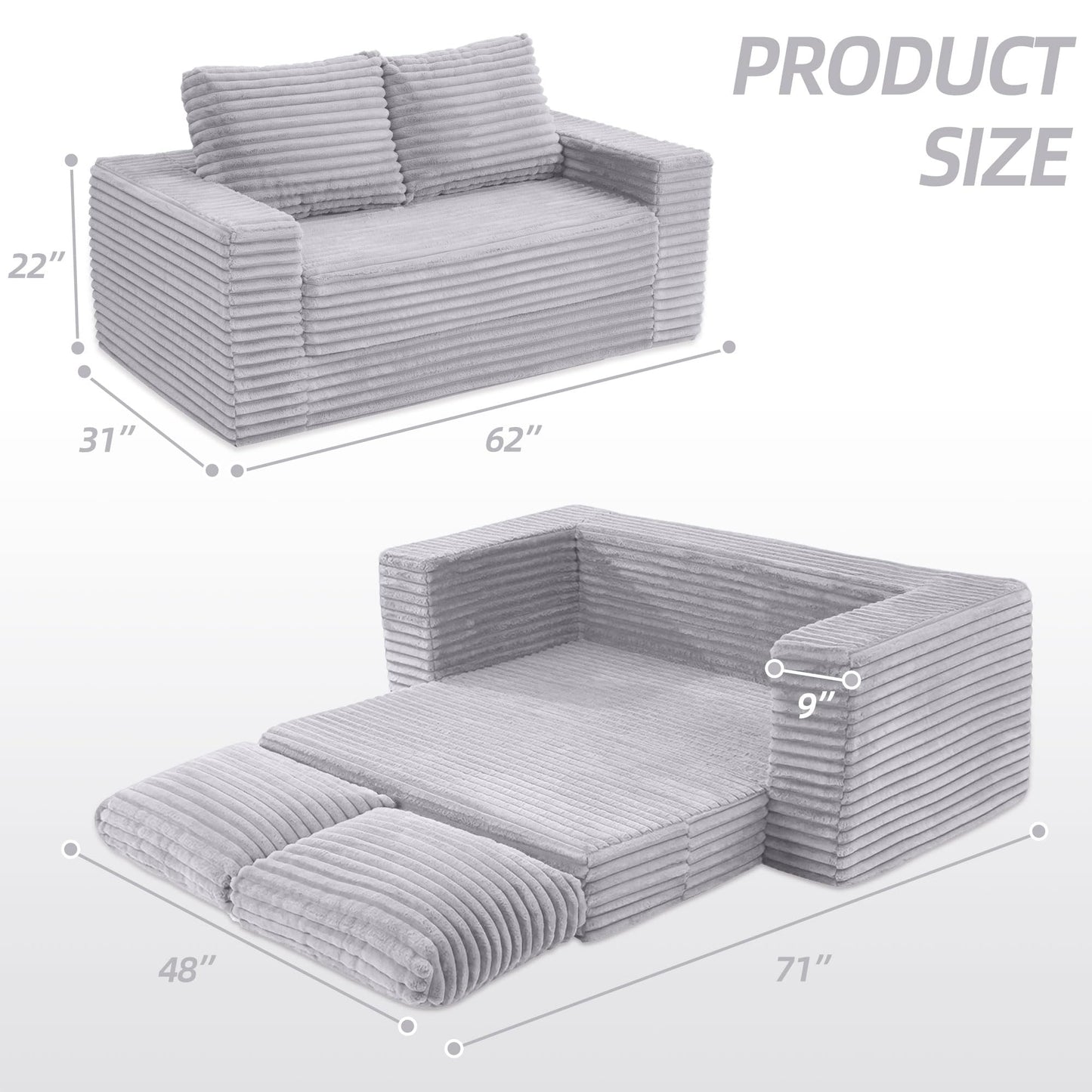 Kasunpul 62" Convertible Sofa Bed, 4 in 1 Folding Couch Bed with Corduroy Fabric & 2 Pillows, Pull Out Floor Couch for Living Room, Bedroom, Apartment (Light Grey)
