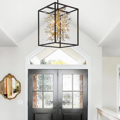 Vezzio Black and Gold Crystal Chandelier, 4-Light Modern Farmhouse Foyer Pendant Light for Entryway, Dining Room, Kitchen Island, Staircase, Hallway, H21 Inch