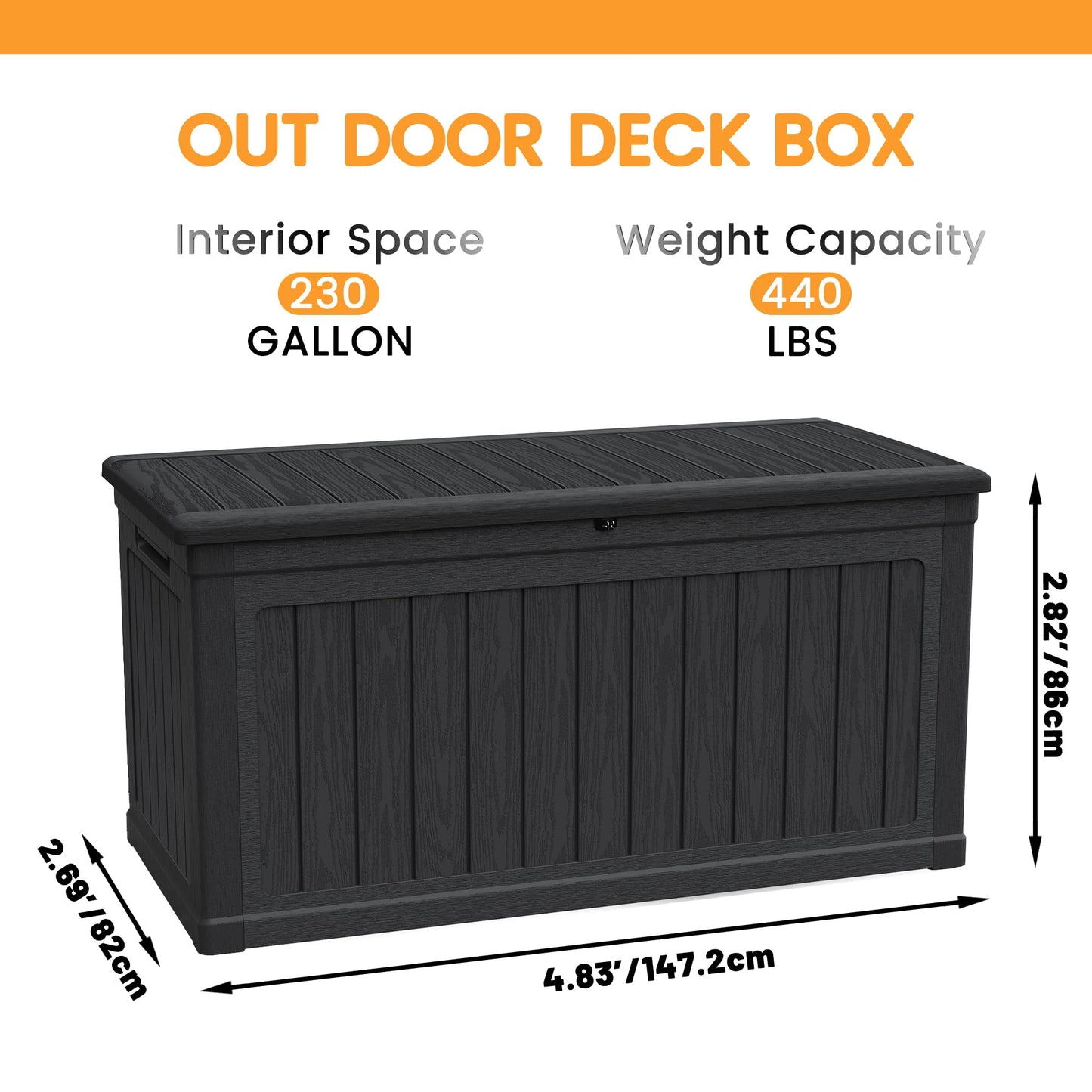 230 Gal Weatherproof Deck Box Large Outdoor Storage Organizer, Double Wall Resin Storage Chest for Patio Furniture, Cushions & Tools, Waterproof, Lockable, Bench Style Table (440lbs Capacity, Black)