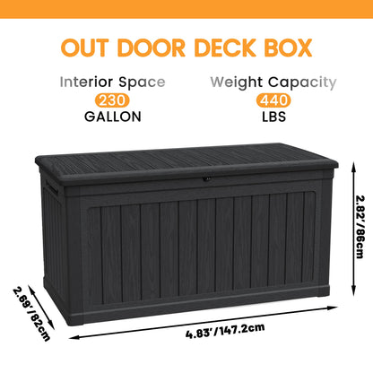 230 Gal Weatherproof Deck Box Large Outdoor Storage Organizer, Double Wall Resin Storage Chest for Patio Furniture, Cushions & Tools, Waterproof, Lockable, Bench Style Table (440lbs Capacity, Black)