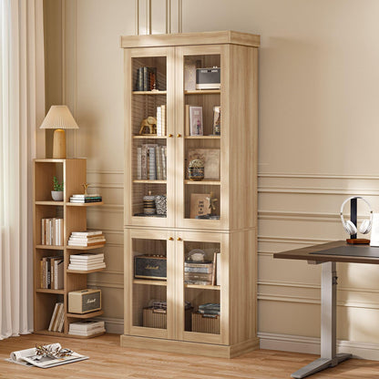 Vyre 70.8" Tall Brown Bookshelf with Glass Doors, Farmhouse Modular Bookcase with 6-Tier Adjustable Shelves, Large Storage Cabinet for Living Room and Home Office