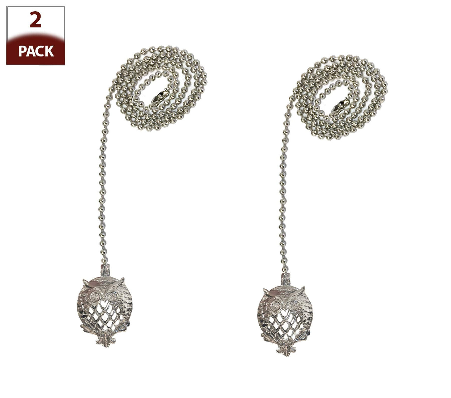 Royal Designs, Inc. FP-1036-CH-2 Adjustable Ceiling Fan Pull Chain Extension with All Seeing Owl Ornament, 24 inch, Chrome, 2-Pack