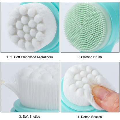 Face Brush 2 in 1, Facial Cleansing Exfoliating Scrubber Brush, Silicone Double Side Manual Face Wash Scrub Brush with Soft Bamboo Charcoal Fiber for Deep Pore Cleansing, Massaging, Skin Care