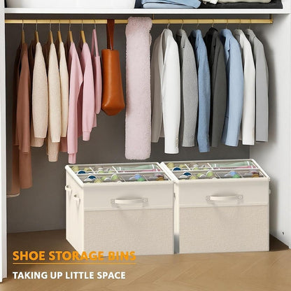 BFLBFL 2 Pack Shoe Organizer for Closet, Clear Foldable Shoe Storage Containers Fits 14 Pairs,Shoe Storage Bins Baskets Boxes with Reinforced Handles Beige Shoes Organize