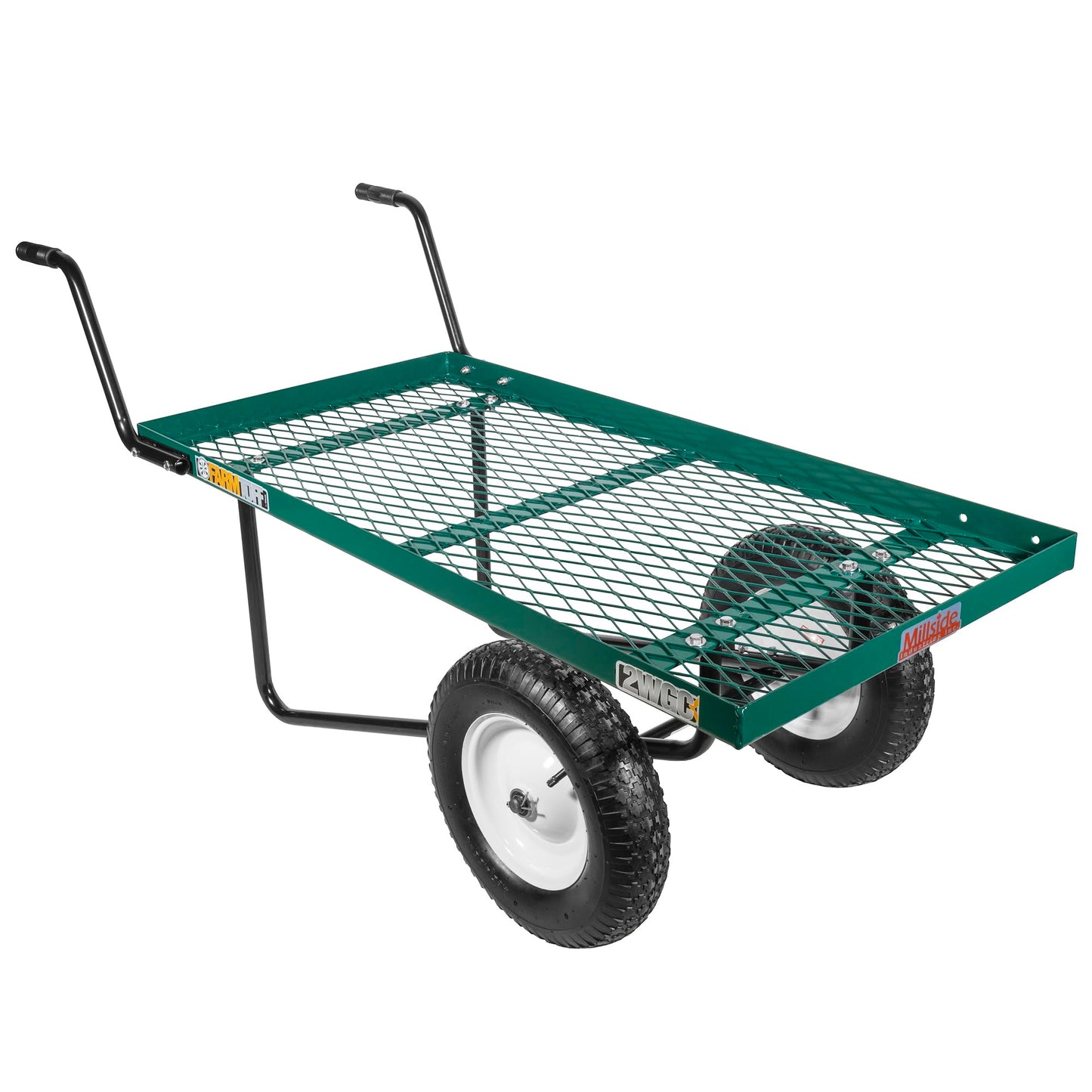 FARM-TUFF Two-Wheel Pushcart, Green - Heavy-Duty Metal Garden Utility Cart with 48" x 27" Flat Deck, 300lb Capacity, Pneumatic Tires & Easy-Grip Handles for Greenhouses, Nurseries & Yard Work
