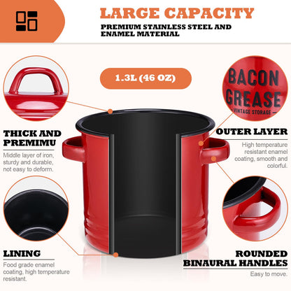ONEARF Bacon Grease Container with Strainer - Large 46OZ Red Kitchen Oil Storage Can, Food Saver Bin with Lid | Farmhouse Cooking Pot Keeper Collector, Dishwasher Safe - Red