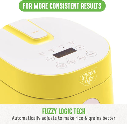 GreenLife 4-Cup Digital Rice Cooker, PFAS & PFOA-Free Removable Ceramic Pot, Healthy Cooking, Yellow